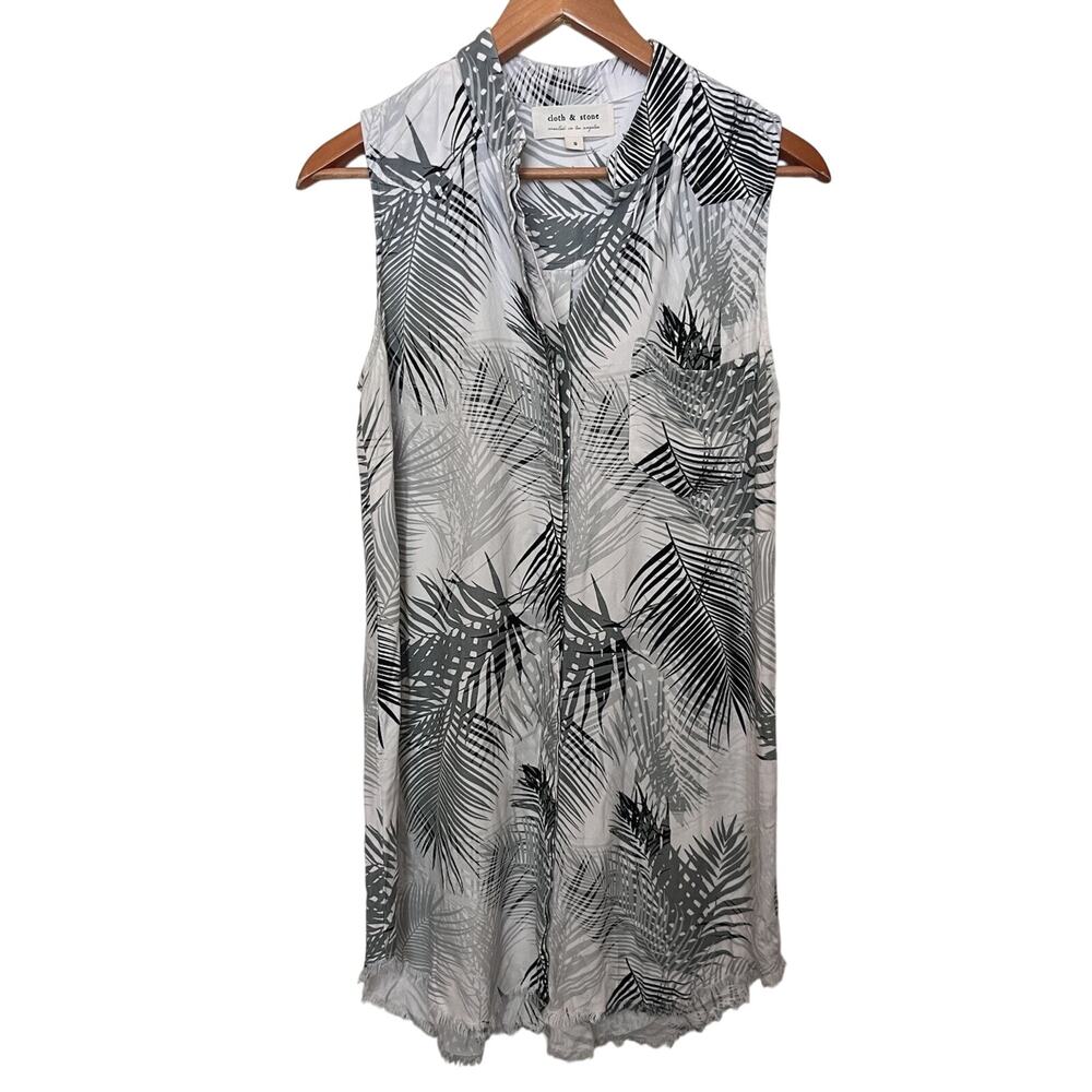 Cloth & Stone White Palm Print Fringe Raw Hem Short Dress Women’s Sz Small